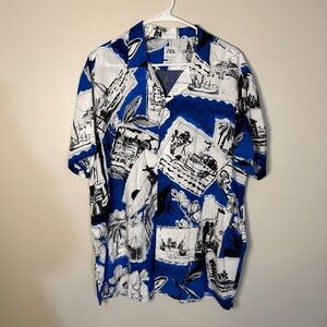 ZARA NWOT blue and white mens beach tropical shirt flowy button down casual XL